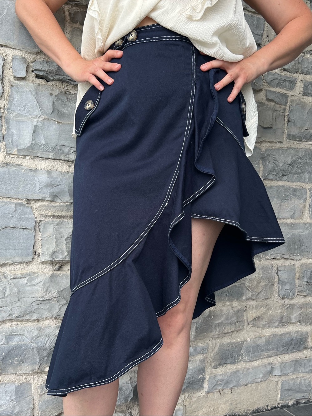 Self-Portrait Navy Asymmetrical Ruffle Skirt